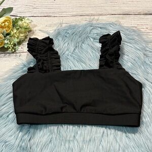Carbon38 Ruffle Trim Detail Black Sports Bra